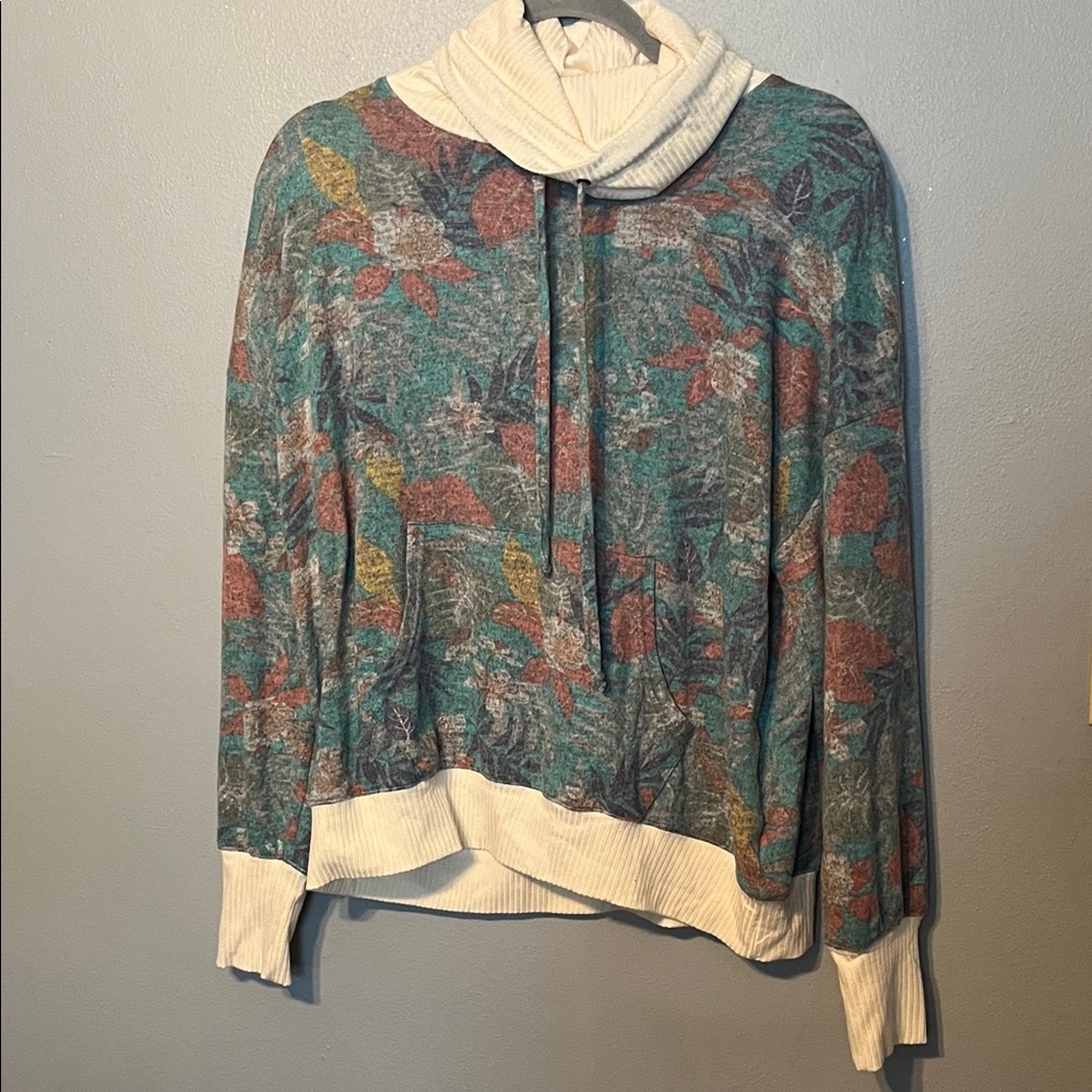Floral Cowl Neck Pullover Sweater in Teal and Cream